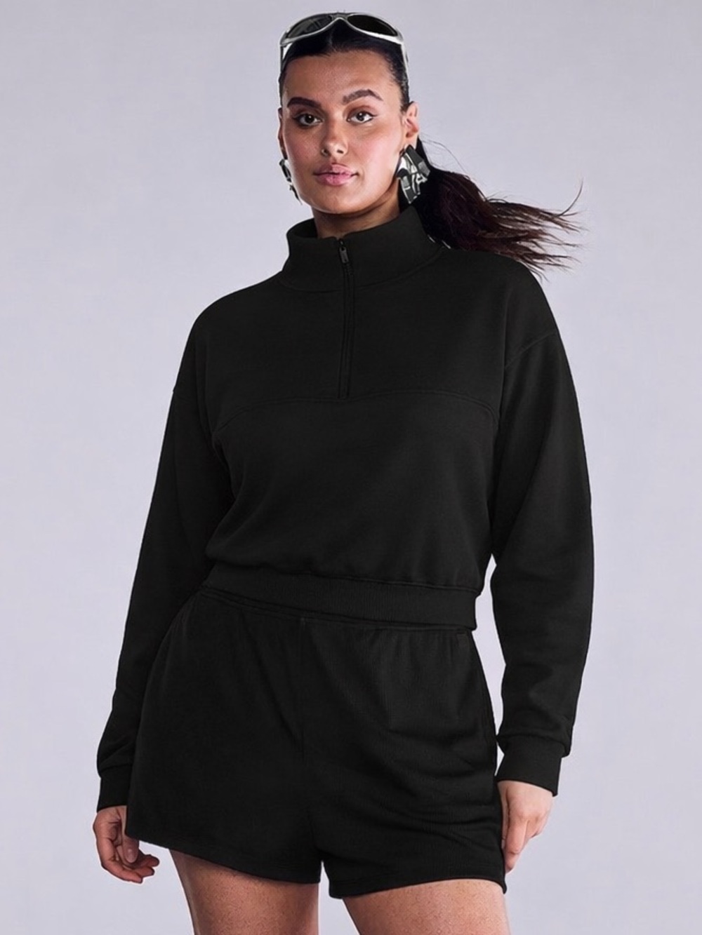 NWOT VSX Featherweight Ribbed Knit Half-Zip & Short Set Black Medium
